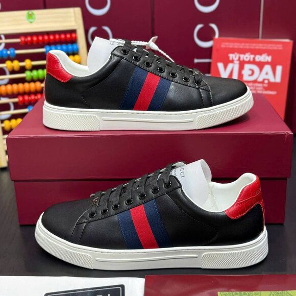 Black Leather Stripe Sneakers | Red Blue Web Style | Ace Inspired Casual Shoes - Picture 3 of 5